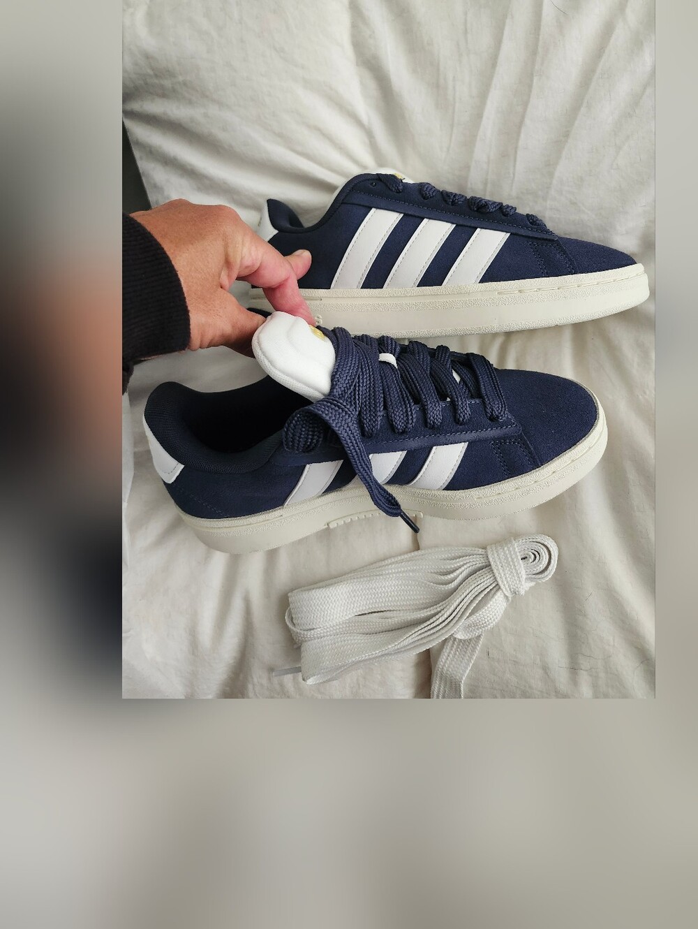 Womens adidas Navy with White Three-Stripe Low-Top Sneakers. Grand Court Alpha
